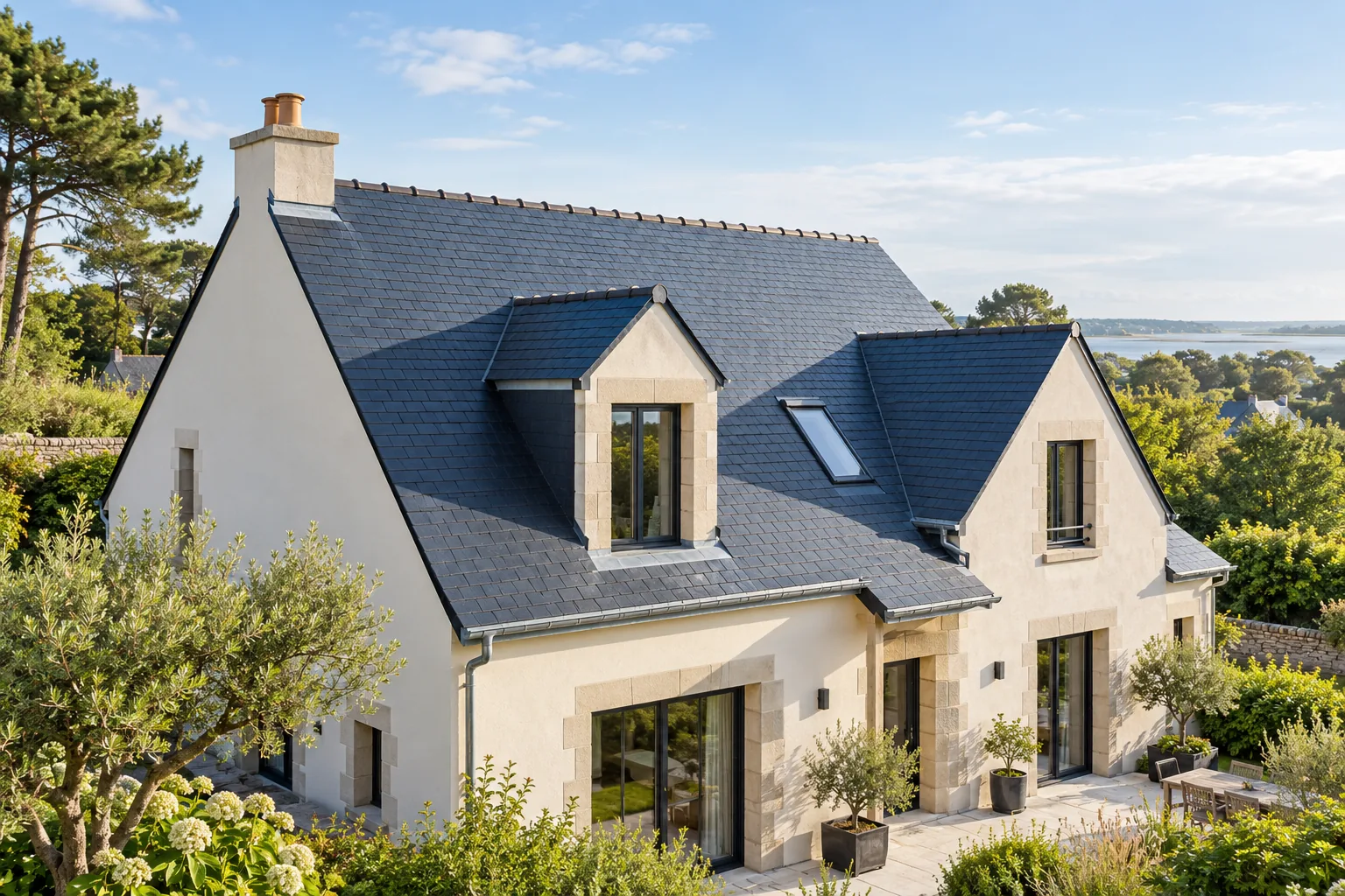 Maison de Loire-Atlantique et sa toiture en ardoise sous une lumière douce, illustration